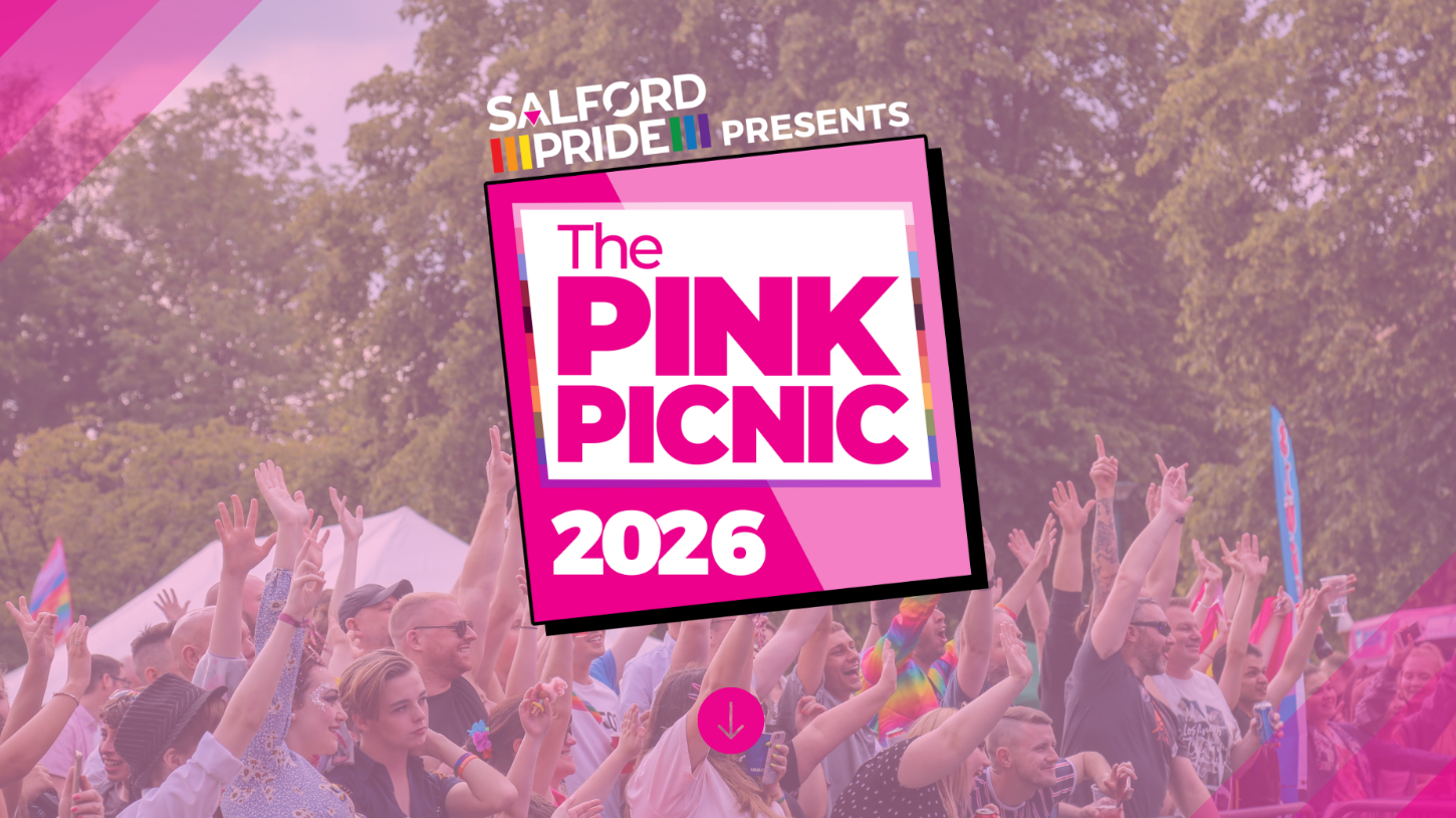 A vibrant promotional graphic for Salford Pride’s event “The Pink Picnic 2026,” featuring a large pink-themed logo over a lively outdoor crowd with raised hands, colourful flags, and trees in the background.